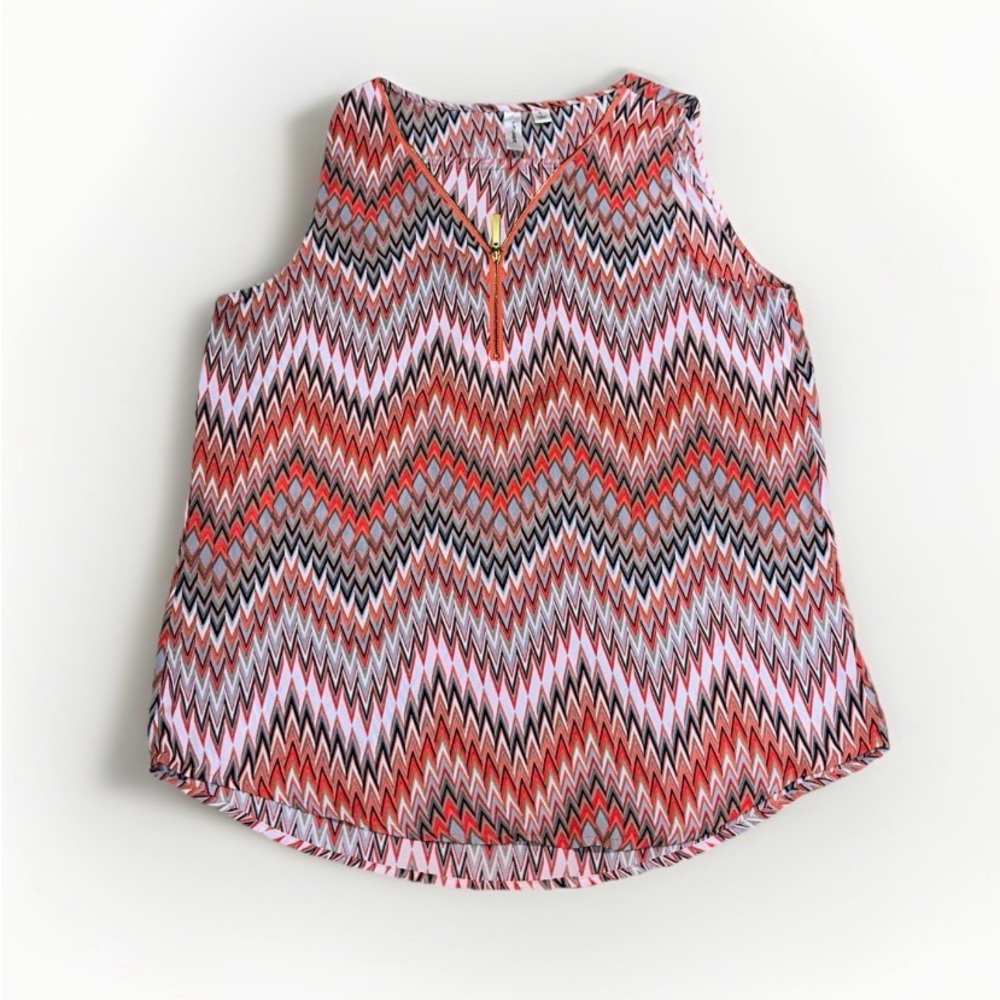 TACERA MultiColor Geometric Pattern Zipper Sleevelss Blouse Top Women Size Large